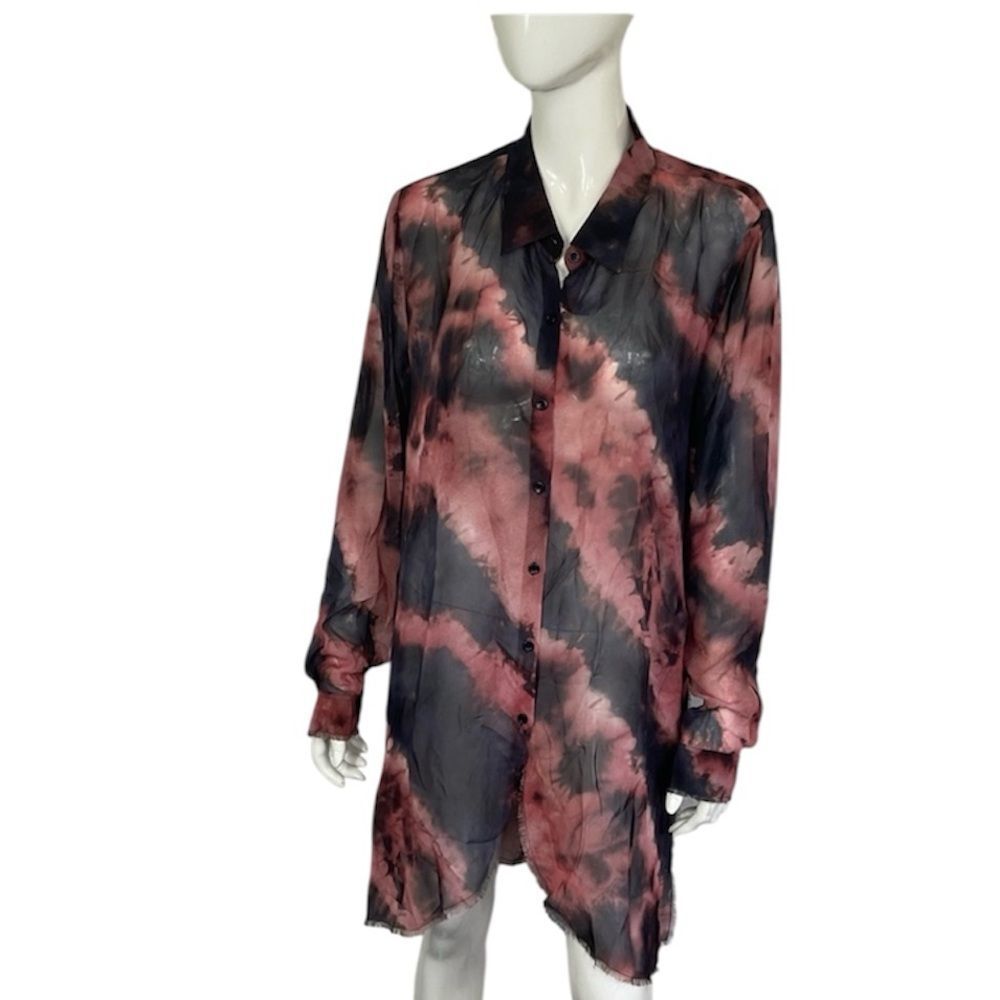 Go> by GoSilk Red Black Tie Dye Long Sleeve Button Front Tunic Dress Size XL